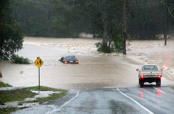 Hazard lights flashing. Locals say three cars were lost in Cooran Creek. Only one can be seen. Photo Kylie Sadler